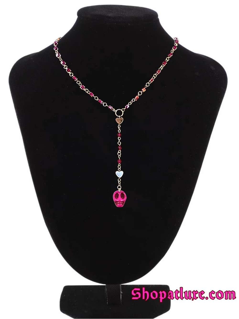 Pink Howlite Skull Lariat Necklace with Hematite, Crystal and Glass Beaded Chain